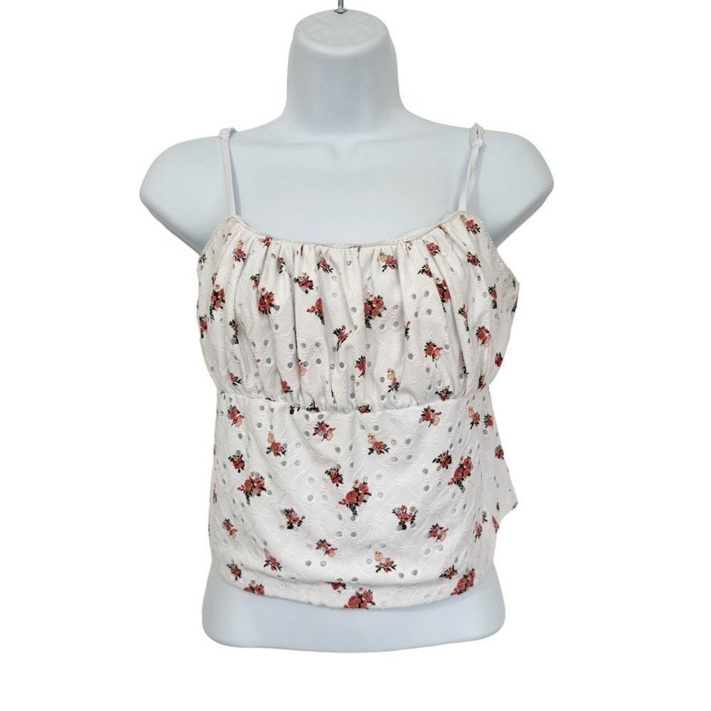 🔥4/$25 Faded Rose Women’s White Floral Spaghetti Strap Crop Top XL